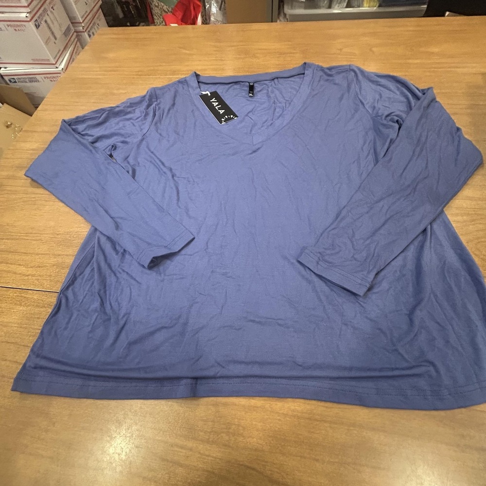 Yala Shirt Womens XL Blue Bamboo Viscose Jersey V Neck Long Sleeve Top Soft